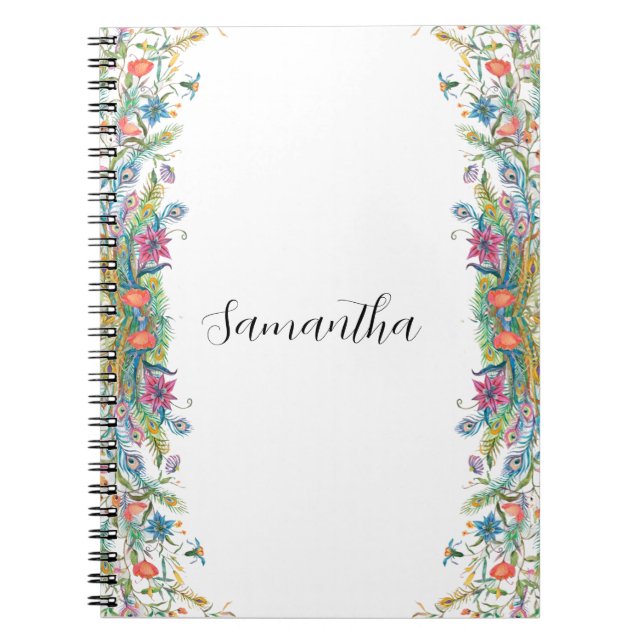 Cuaderno Marco de pavos reales con flores acuarelas (Frente)