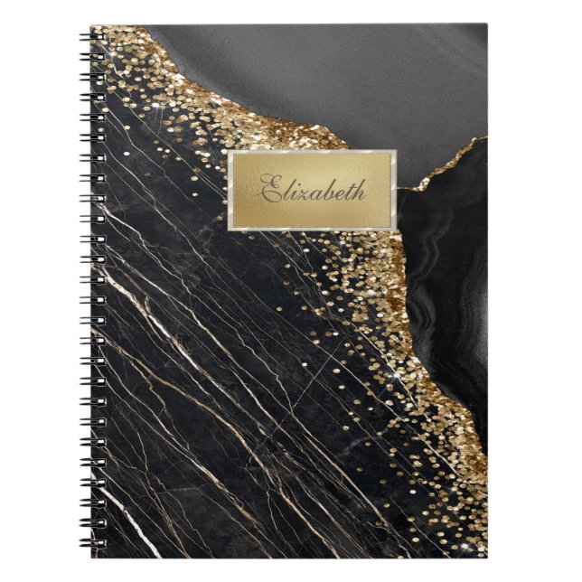 Cuaderno Marco Dorado Moderno, Mármol Negro con Lentejuelas (Frente)