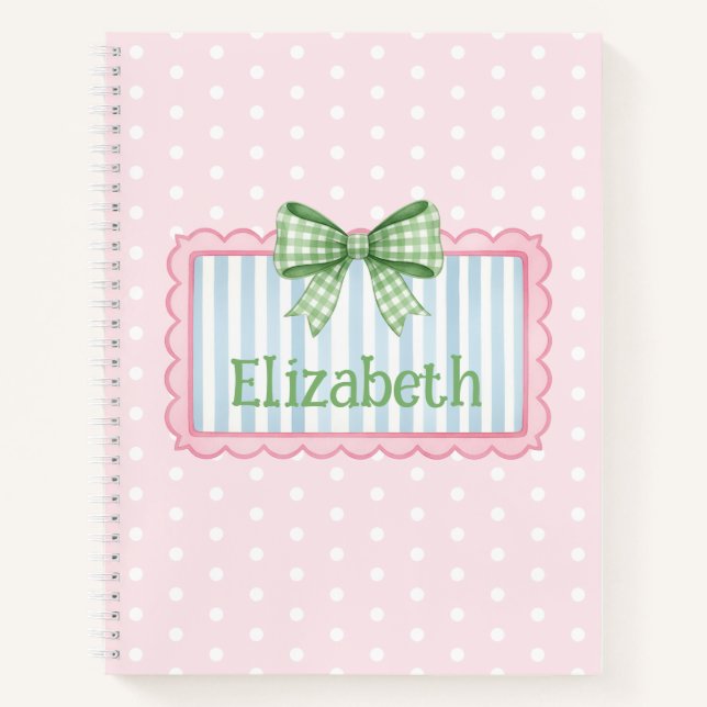Cuaderno Marco rosa y azul con lazo de gingham verde (Anverso)