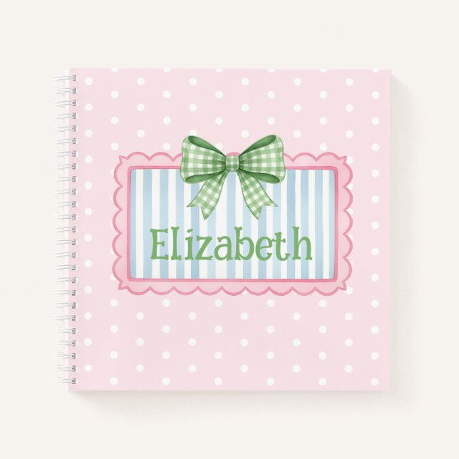 Cuaderno Marco rosa y azul con lazo de gingham verde (Anverso)