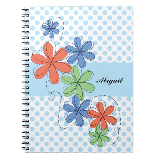 Cuaderno Margaritas coloridas, lunares azules, (Frente)