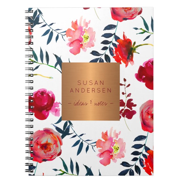 Cuaderno Marina roja floral elegante rosa oro cobre metálic (Frente)