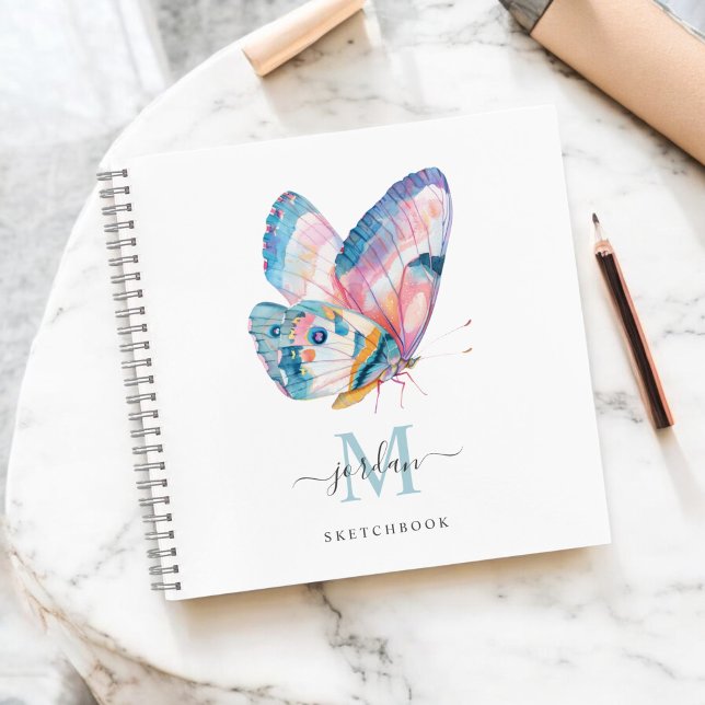 Cuaderno Mariposa acuarela con monograma (Personalize with your name and monogram initial.)