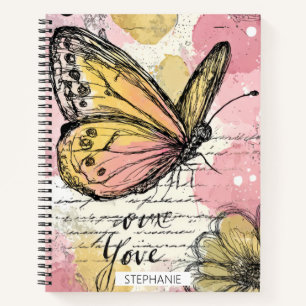 Cuaderno Mariposa acuarela rosa dorado arte boho naturaleza