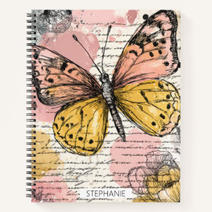 Cuaderno Mariposa acuarela rosa dorado arte boho naturaleza