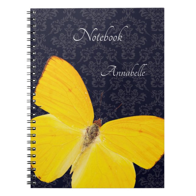 Cuaderno Mariposa Amarilla Elegante Damask Negro Agregar No (Frente)