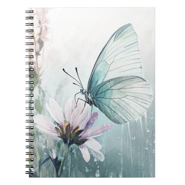 Cuaderno Mariposa azul verde menta Floral Pastel Suave (Frente)