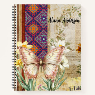 Cuaderno Mariposa botánica vintage y patrón azteca