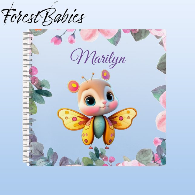Cuaderno Mariposa Chica única con flores rosas (Butterfly Girl, Customizable Pink Floral ForestBabies Notebook - Front)