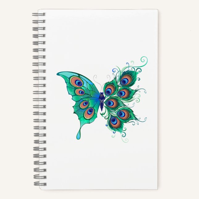 Cuaderno Mariposa con plumas de pavo real verde (Anverso)