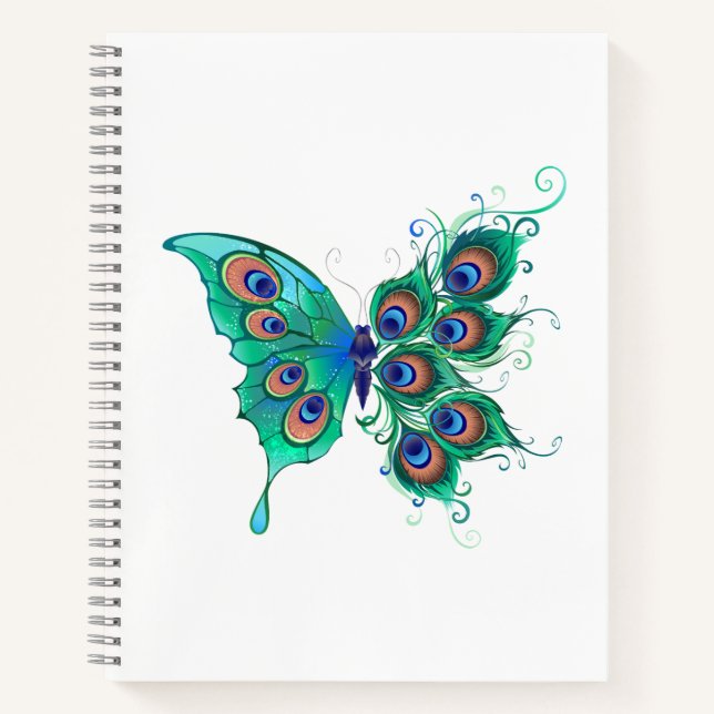Cuaderno Mariposa con plumas de pavo real verde (Anverso)