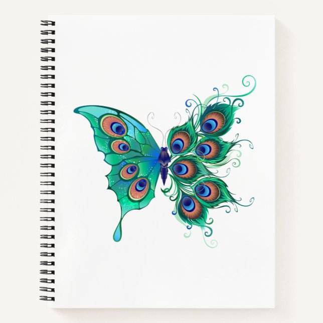 Cuaderno Mariposa con plumas de pavo real verde (Anverso)