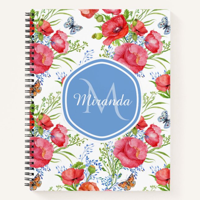 Cuaderno Mariposa de Amapola Roja Monograma Nombre (Anverso)