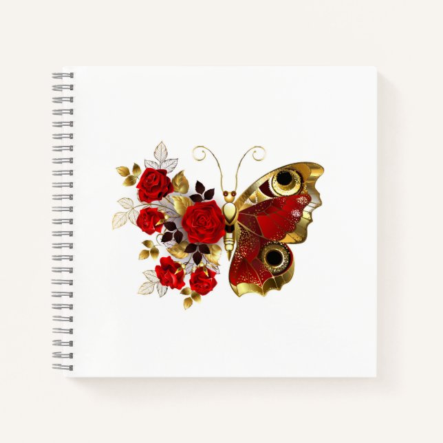 Cuaderno Mariposa de flor roja con rosas rojas (Anverso)