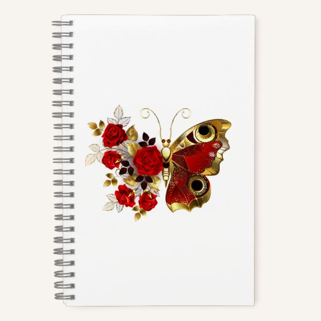 Cuaderno Mariposa de flor roja con rosas rojas (Anverso)