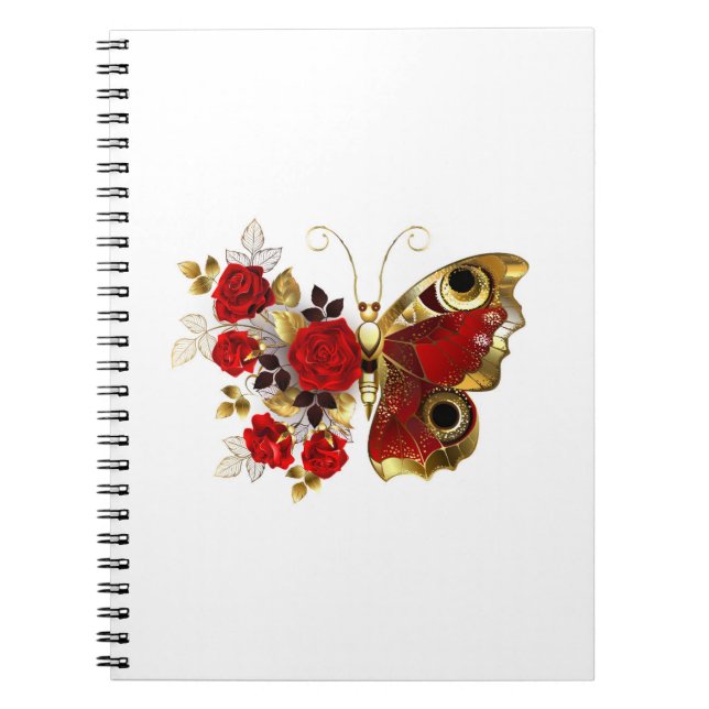 Cuaderno Mariposa de flor roja con rosas rojas (Frente)