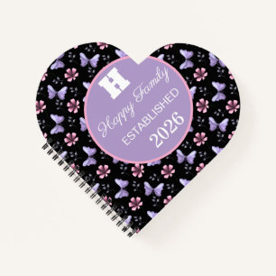 Cuaderno Mariposa de lavanda y patrón floral rosa sin costu