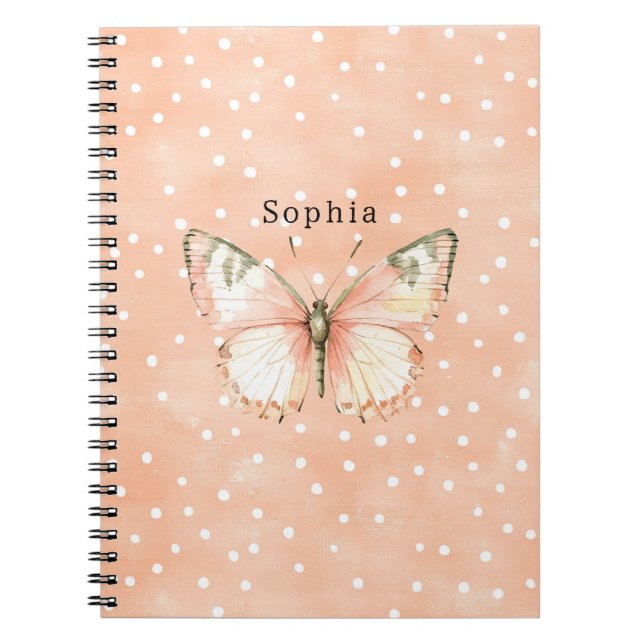 Cuaderno Mariposa de lunares blancos de niña melocotón (Frente)