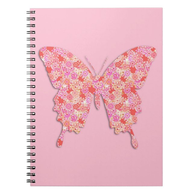 Cuaderno Mariposa en patrón floral - rosa, naranja (Frente)