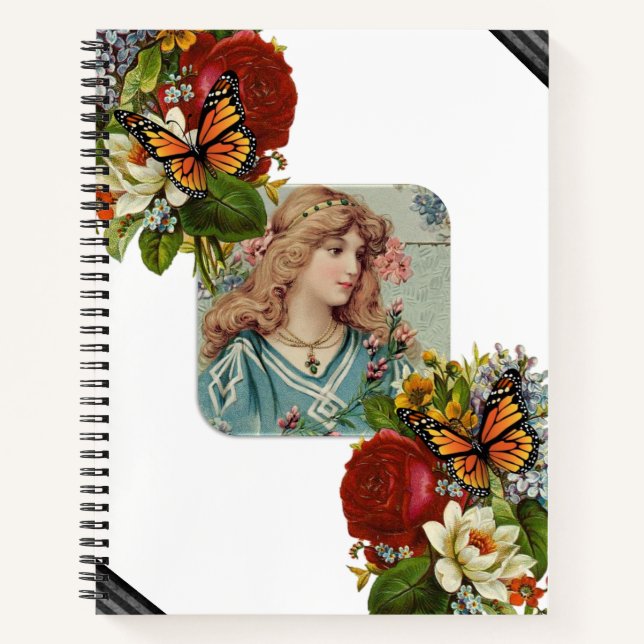 Cuaderno Mariposa espiral mujer victoriana floral (Anverso)