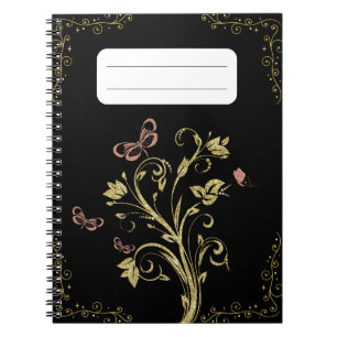 Cuaderno Mariposa Floral Negra y Dorada Elegante