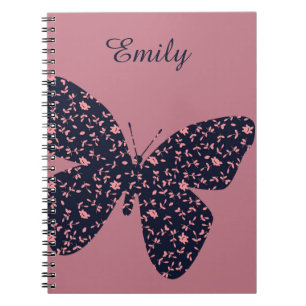 Cuaderno Mariposa floral rosa y violeta personalizada
