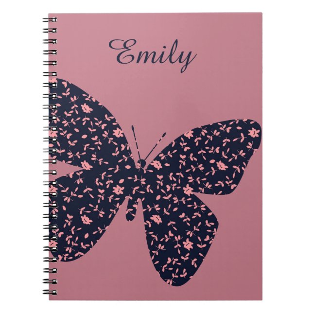 Cuaderno Mariposa floral rosa y violeta personalizada (Frente)