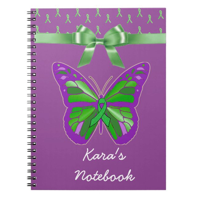 Cuaderno Mariposa Morada con Cinta Verde Limón (Frente)