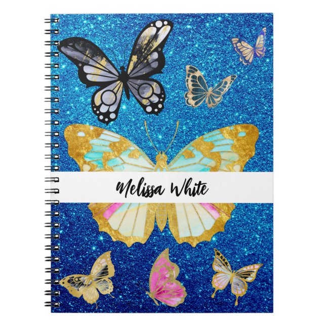 Cuaderno Mariposa Purpurina azul personalizada (Frente)