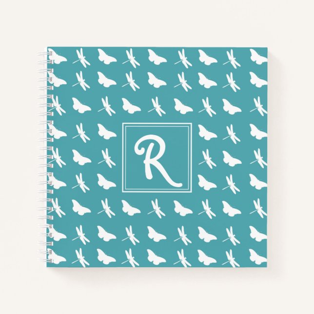 Cuaderno Mariposa Teal y Patrón de Monograma de Libélula (Anverso)