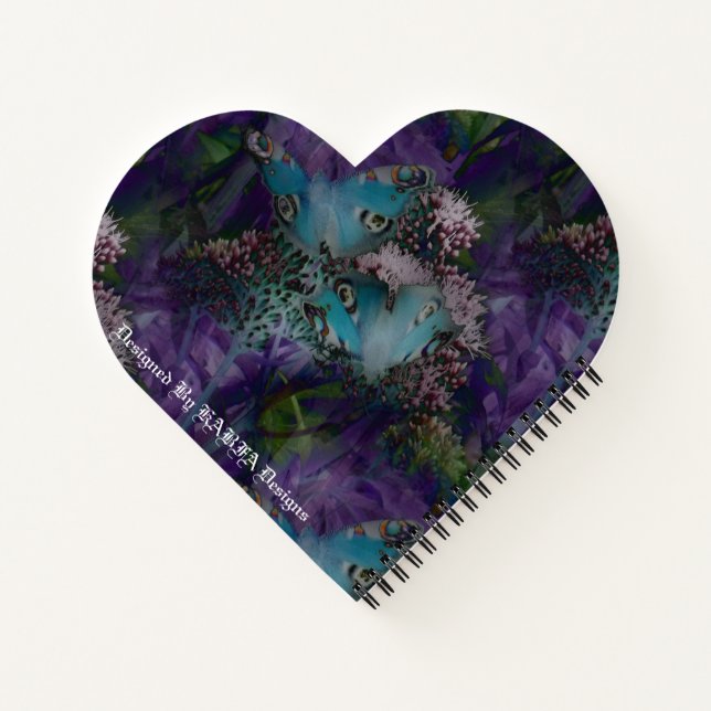 Cuaderno Mariposas de pavo real en morado por diseños de KA (Reverso)