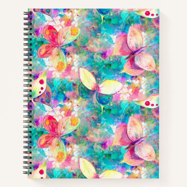 Cuaderno mariposas en el campo floral aqua turquesa (Anverso)