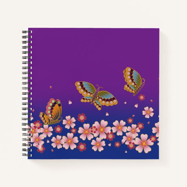 Cuaderno Mariposas japonesas en medio de sakura florecen en (Anverso)