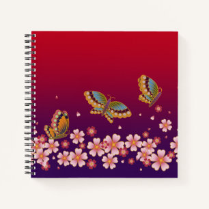 Cuaderno Mariposas japonesas en medio del Sakura florecen e
