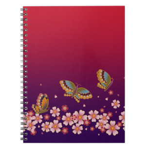 Cuaderno Mariposas japonesas en medio del Sakura florecen e