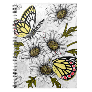 Cuaderno Mariposas Jezebel y flores de margarita en blanco