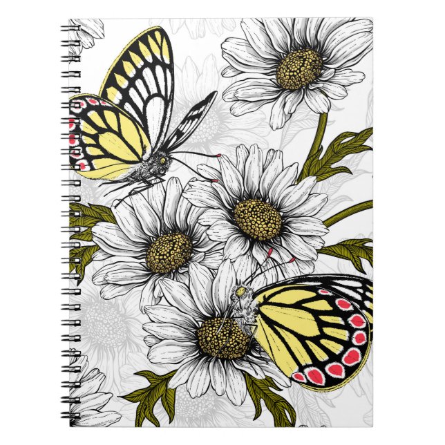 Cuaderno Mariposas Jezebel y flores de margarita en blanco (Frente)