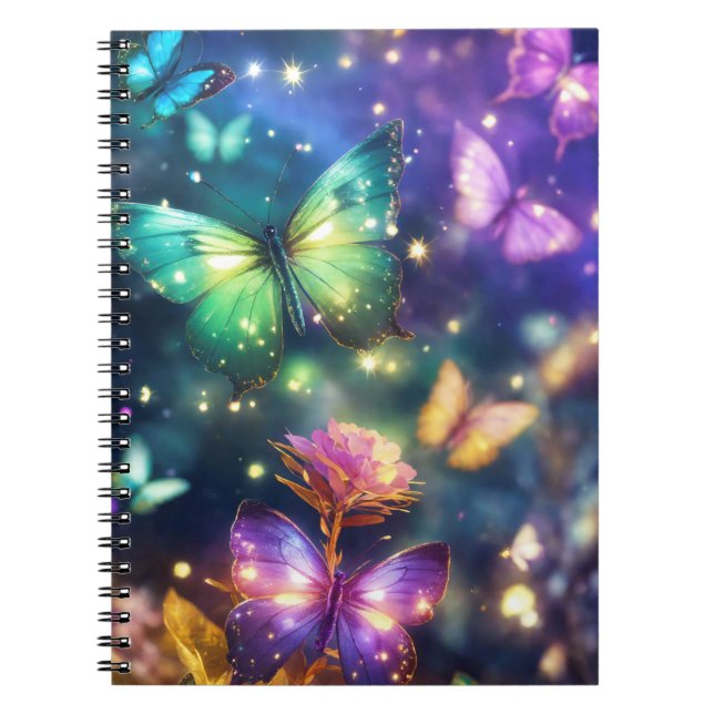 Cuaderno Mariposas mágicas sobre el espumoso morado oscuro (Frente)