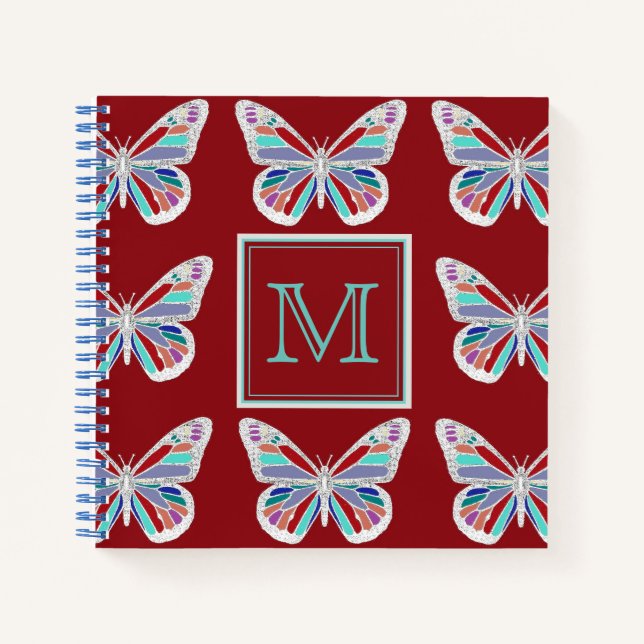Cuaderno Mariposas Ornamentadas Patrón Burdeos Monograma (Anverso)