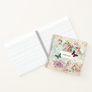 Cuaderno Mariposas rosadas y verdes en rosas vintage desgas