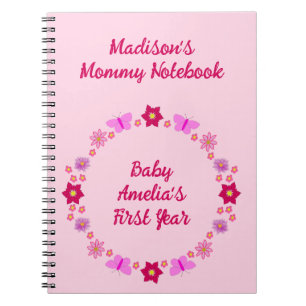 Cuaderno Mariposas y flores de bebé rosadas para nueva mamá