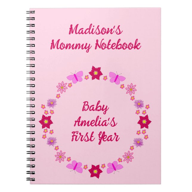 Cuaderno Mariposas y flores de bebé rosadas para nueva mamá (Frente)