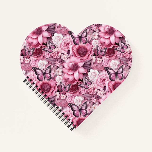 Cuaderno Mariposas y flores en diferentes tonos de rosa  (Anverso)