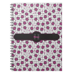 Cuaderno Mariquitas Rosado y Negro Cuadros Grises Nombre de