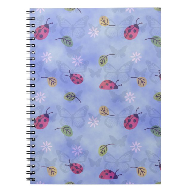 Cuaderno Mariquitas y hojas que caen patrón azul (Frente)
