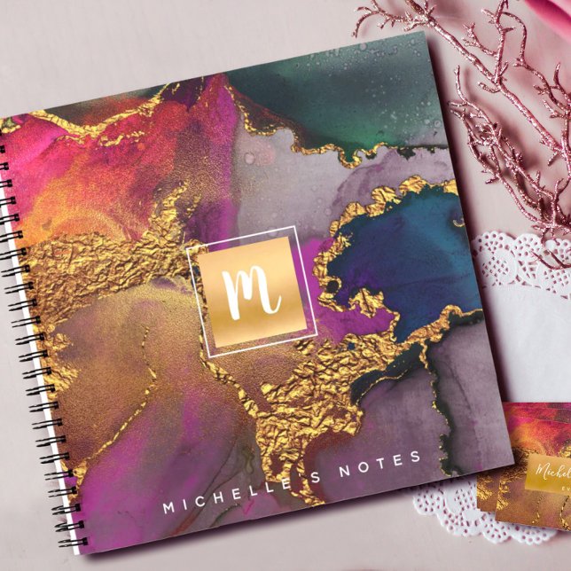 Cuaderno Mármol acuarela oro morado azul monograma cuadrado (Subido por el creador)