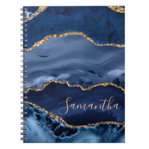 Cuaderno Mármol Ágata Azul Marino y Brillo de Oro Falso