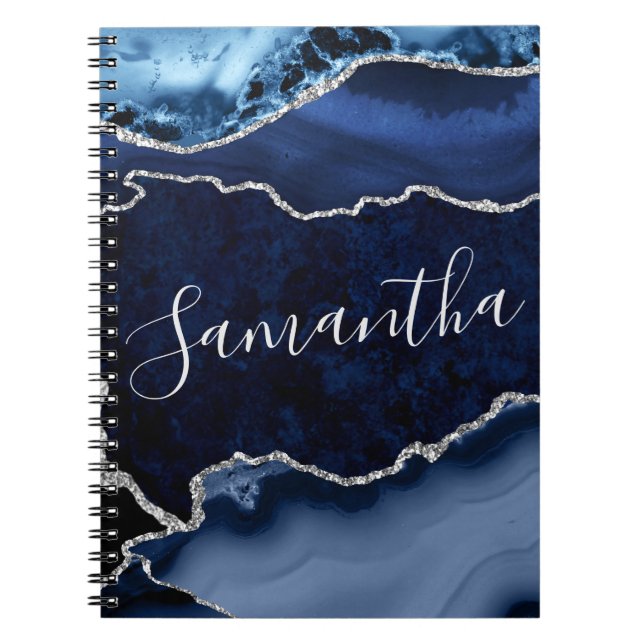 Cuaderno Mármol Ágata Azúl y con Brillo de Plata Falsa (Frente)