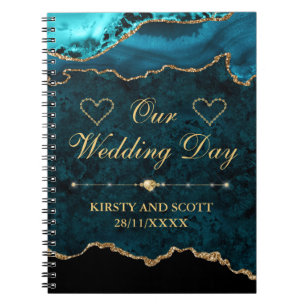 Cuaderno Mármol Ágata Brillo Teal y Dorado Día de Boda