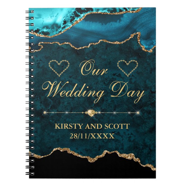 Cuaderno Mármol Ágata Brillo Teal y Dorado Día de Boda (Frente)